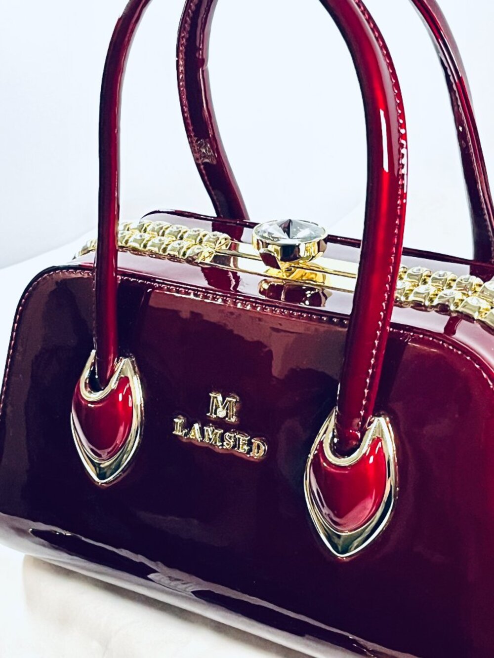 NWT/M-Lamsed Red Patent Gold Chain Bag – Glam Faux Diamond Clasp Purse